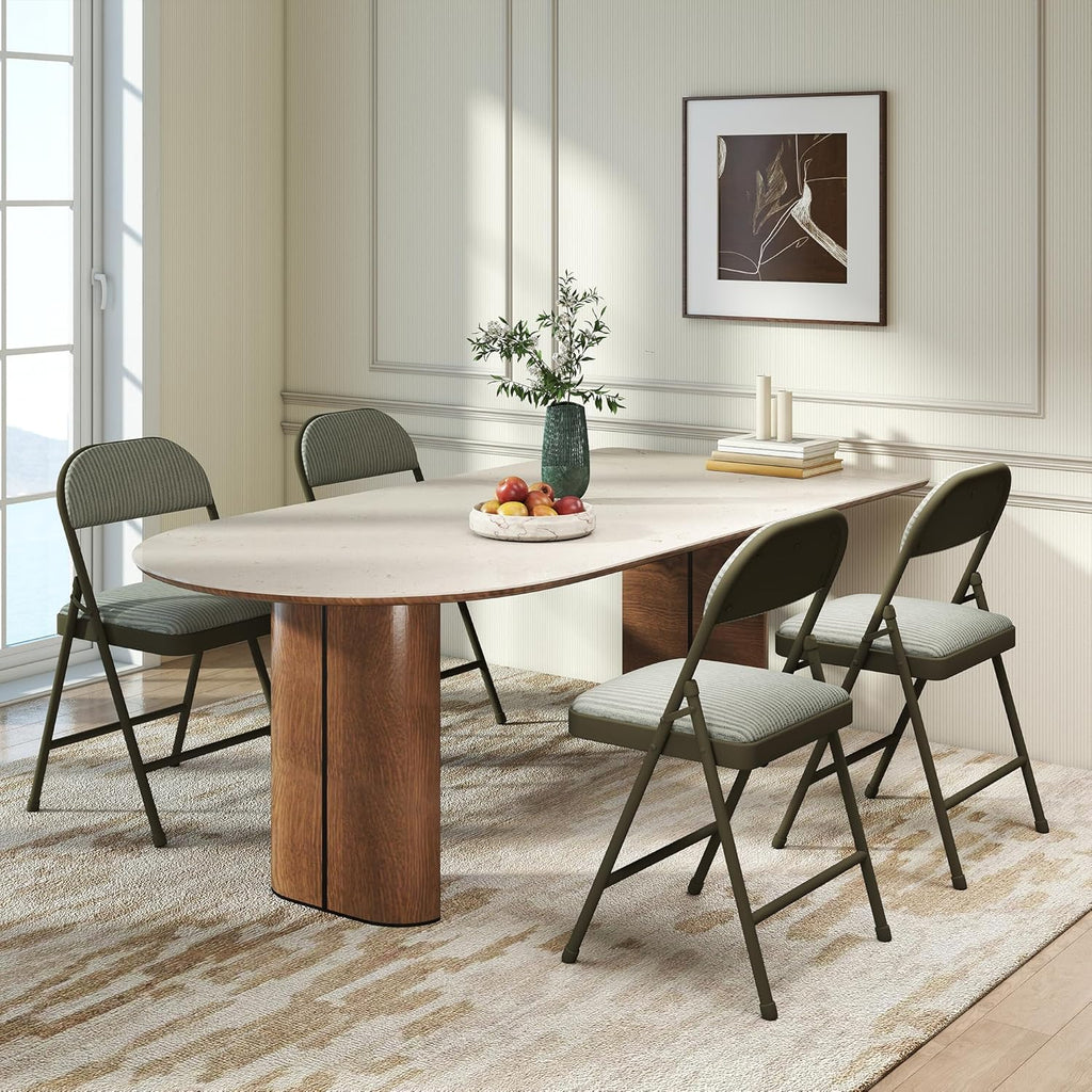 4 Pack Padded Cushion and Back Folding Chairs, Fabric Dining Chair Set with Steel Frame Metal for Home and Office, for Indoor and Outdoor Events, (Fabric Oatmeal Strip)