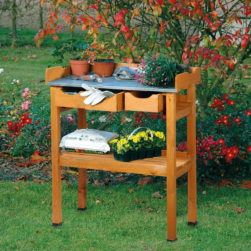 dobar 29030e Handy Planting Table with 3 Drawers and 2 Shelves Made from Waterproofed Pine 80 x 40 x 90 cm
