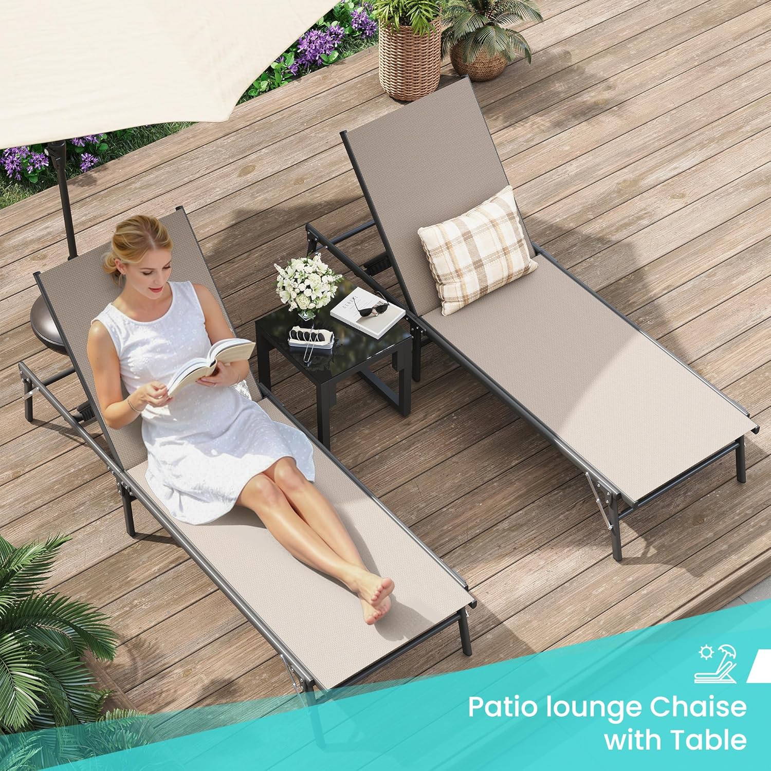 Amopatio Folding Lounge Chairs Chaise Lounge for Outside Portable Pool Lounge Chairs Set of 2 with Side Table for Patio Poolside Deck Yard, Weather Resistant, 5-Position Adjustable Backrest