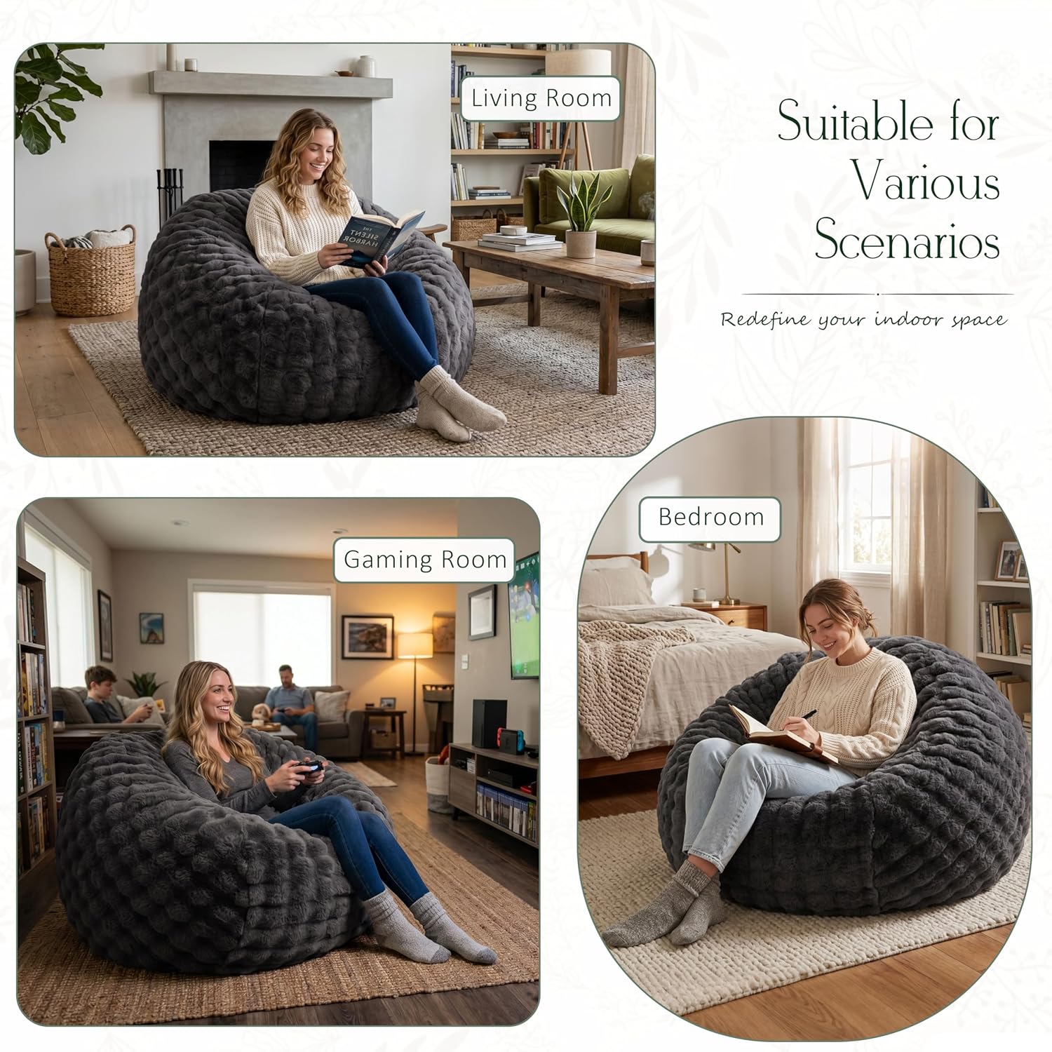 ZurNesfure Bean Bag Chair 3FT Plush Lounger Beanbag with Filler No Assembly Giant Bean Bag with Handle Side Pocket&Machine Washable Cover Large Bean Bag Chair for Adults Home Dorm (Darkgrey, Medium)