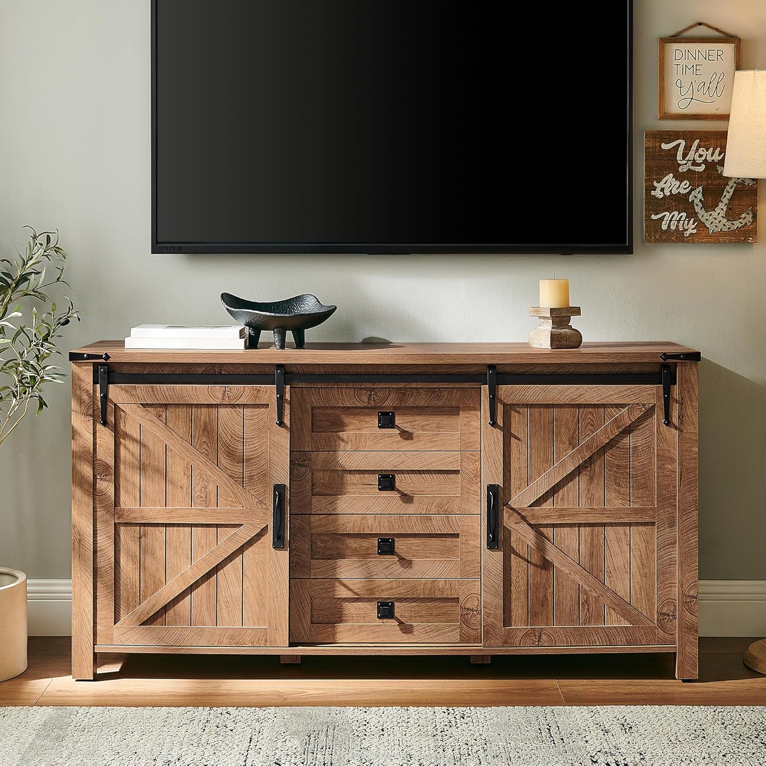 T4TREAM Farmhouse Sideboard Buffet Cabinet with Storage, 60" Large Kitchen Cabinet w/Sliding Barn Doors and 4 Drawers, 31.2'' Tall Wood Coffee Bar Table for Dining Room, Light Tree Knot