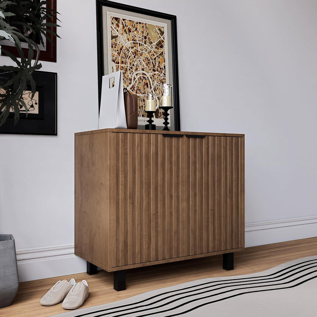 Sideboard Buffet Cabinet Storage for Entryway with Doors, Modern Fluted Shoe Organizer with Adjustable Shelves, Freestanding Hidden Shoe Rack with Black Metal Legs for Front Door Entrance, Living Room