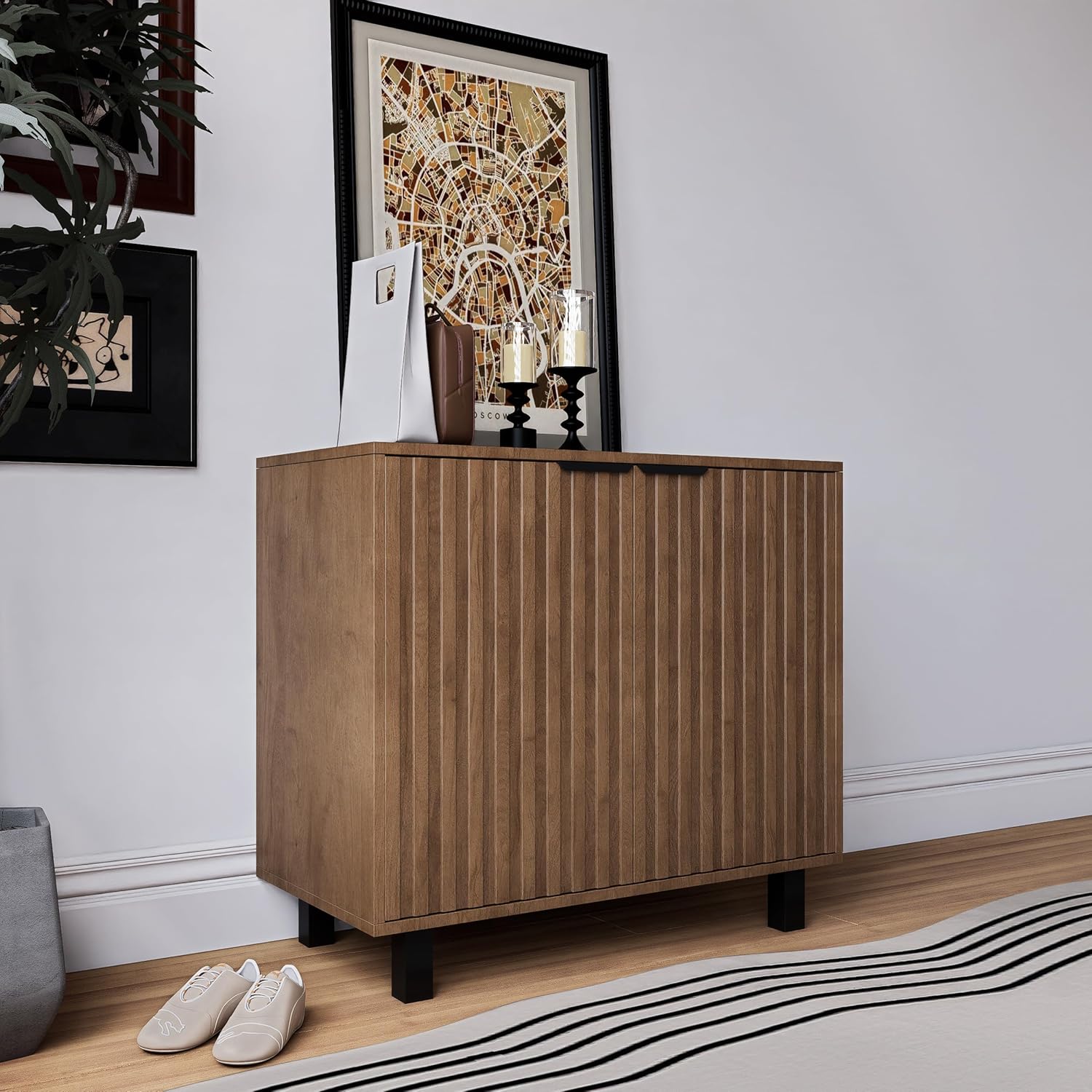 Sideboard Buffet Cabinet Storage for Entryway with Doors, Modern Fluted Shoe Organizer with Adjustable Shelves, Freestanding Hidden Shoe Rack with Black Metal Legs for Front Door Entrance, Living Room