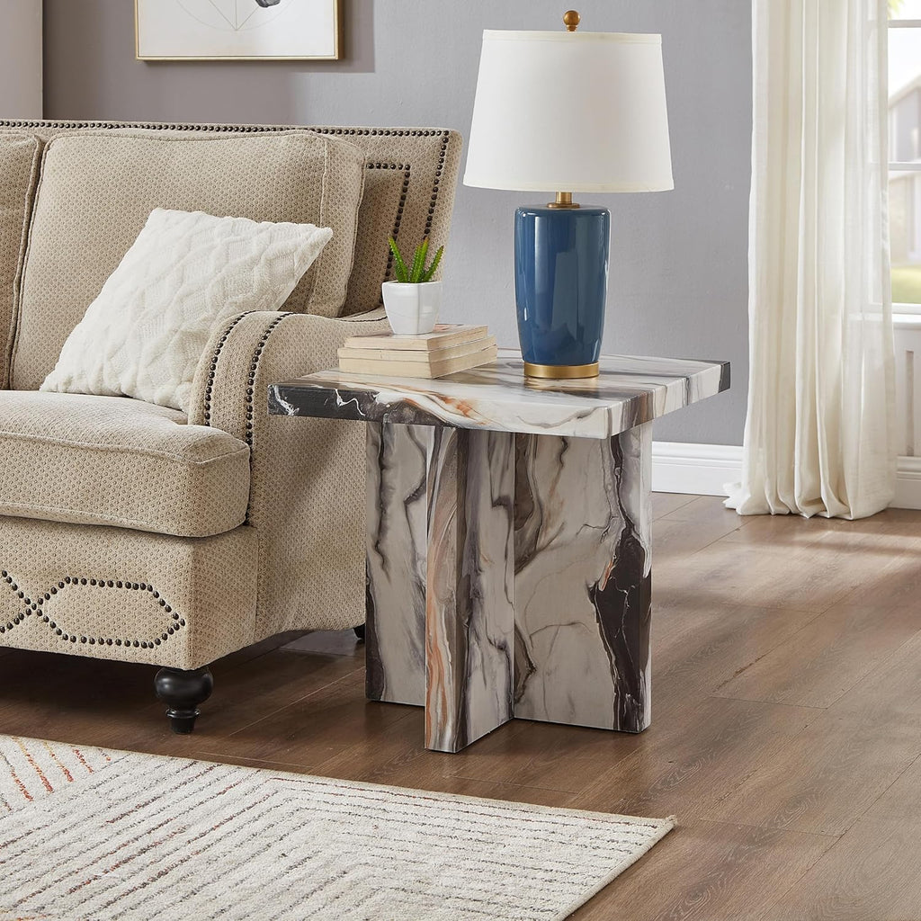 Roundhill Furniture Cavira Modern Faux Marble Living Room Side Table, Off-White