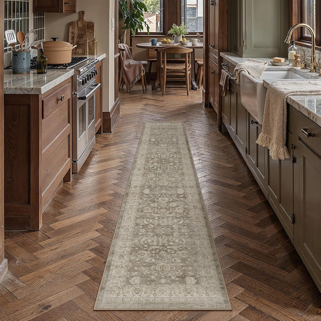 PureCozy 2x8 Washable Runner Rug for Hallway Kitchen Brown Gray Vintage Low Pile Carpet Non Slip Soft Distressed Indoor Floral Accent Retro Long Rug for Laundry Entryway Bathroom Bedroom Living Room