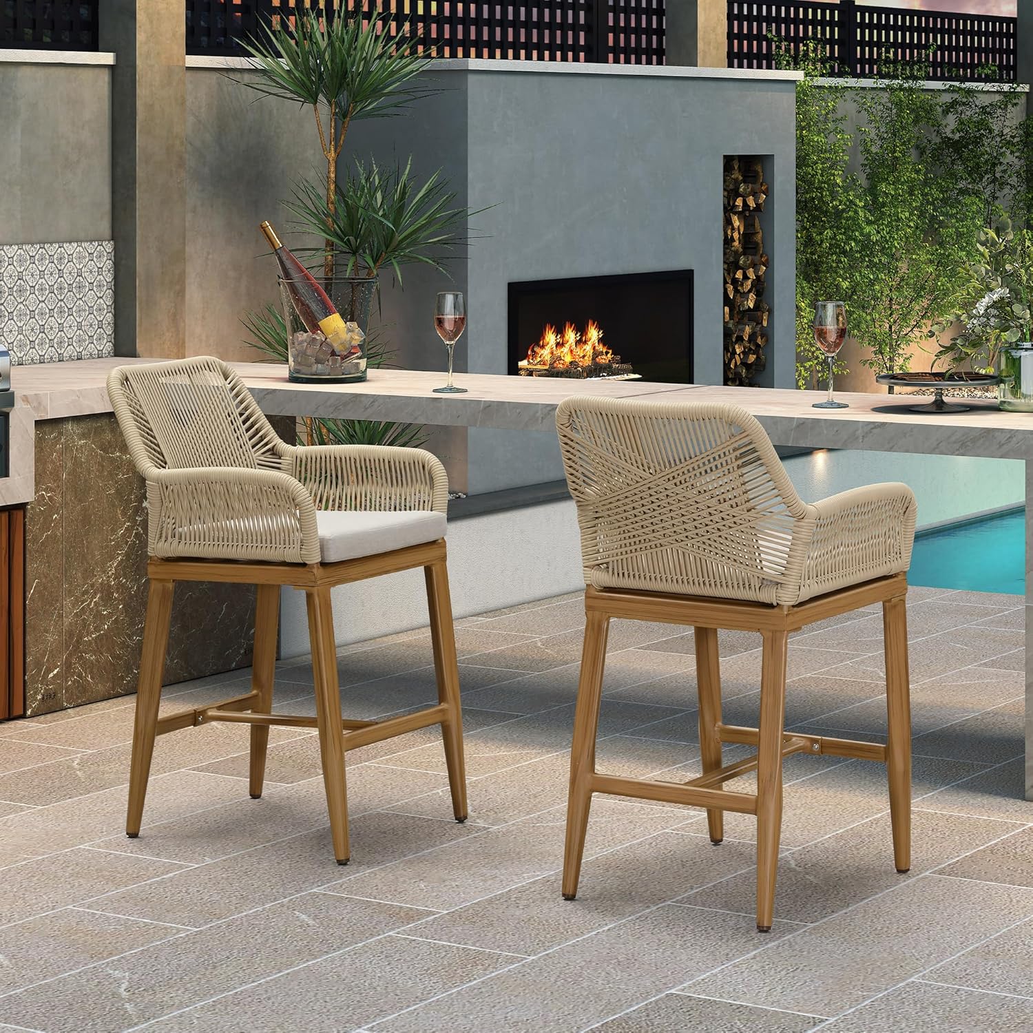 PURPLE LEAF Outdoor 24" Counter Height Bar Stools Chair Set of 4, All Weather Rattan and Aluminum Patio Bar Stool with Cushion for Indoor and Outdoor, Kitchen Island, Teak