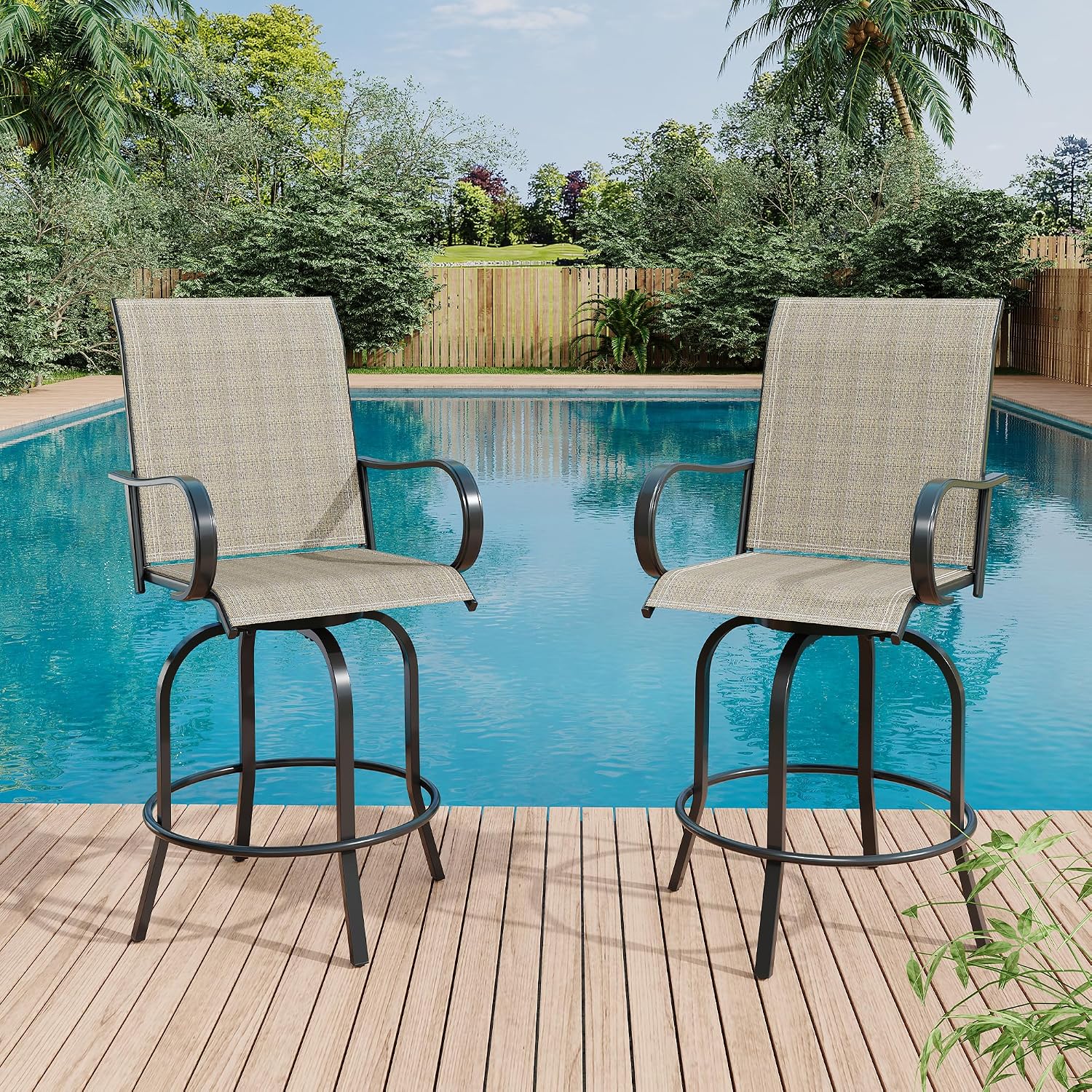 Outdoor Swivel Bar Stools Set of 2, Bar Height Patio Chairs with High Back & Armrest, All-Weather Textilene Fabric 360° Swivel Tall Barstools for Patio, Deck, Backyard, Garden