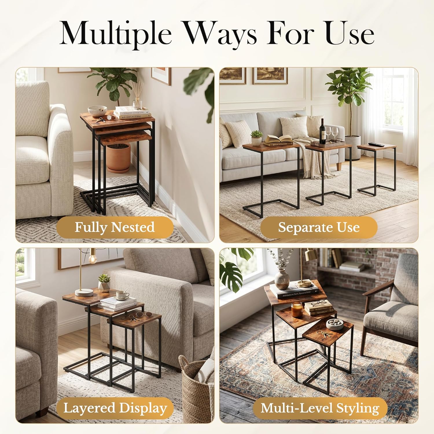 SUPER DEAL Nesting Tables Set of 3, Industrial C Shaped End Table Stackable Coffee Table Heavy Duty Metal Frame for Small Space, Living Room, Bedroom, Side Table Tray for Laptop Snack, Rustic Brown