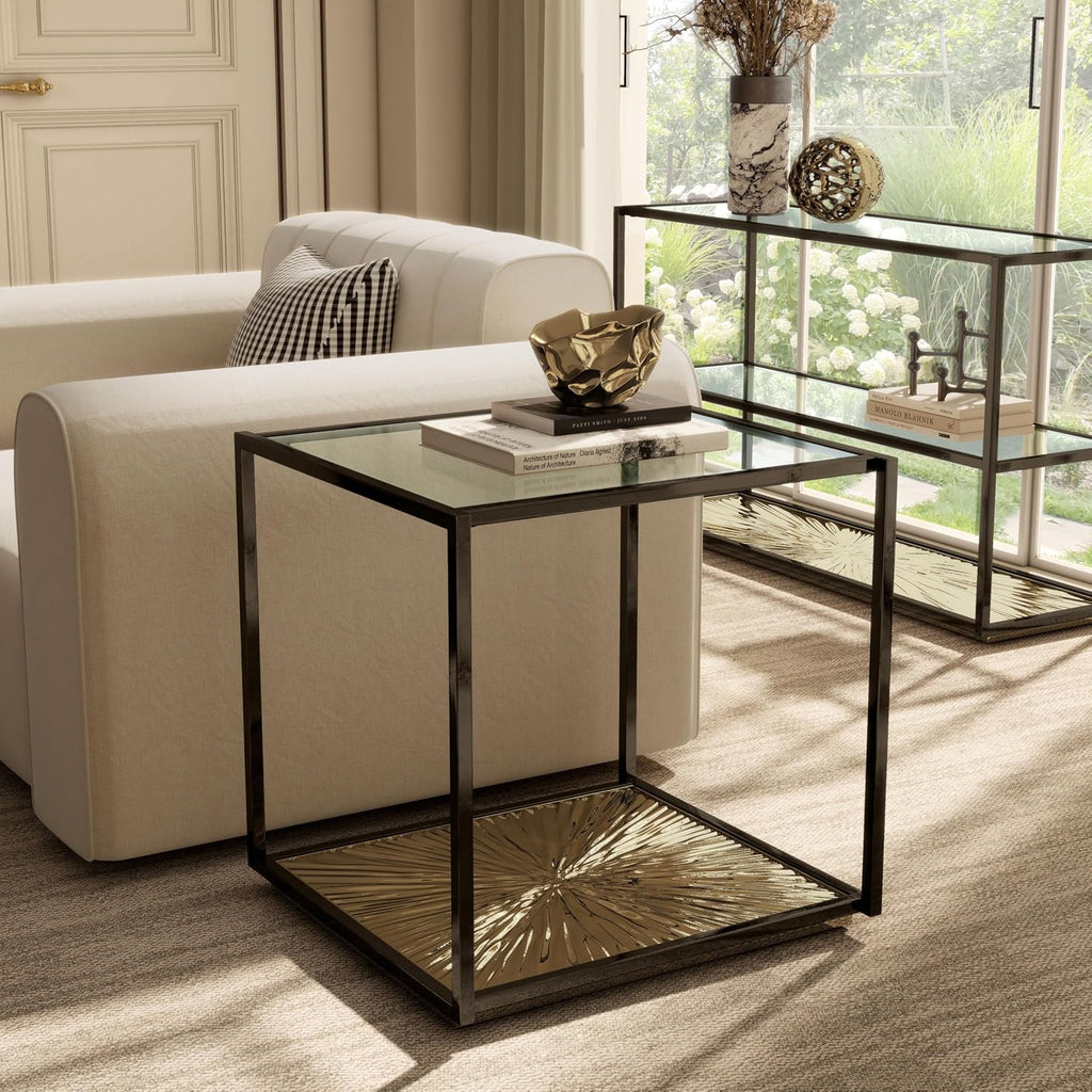 24/7 Shop at Home Aureum Modern 24-inch 1-Shelf Glass Top End Table with Sunburst Bottom Panel, Metal Frame for Living Room, Office, Antique Gold & Black