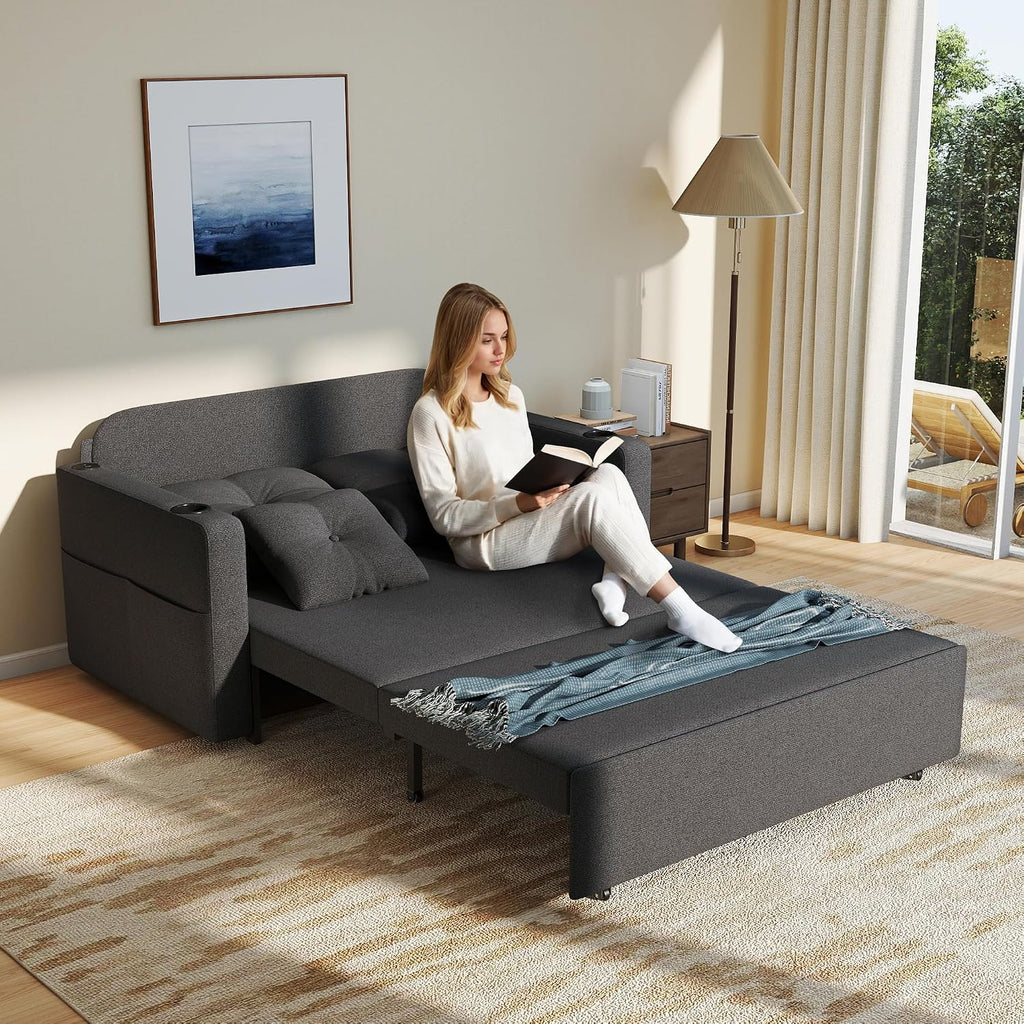 Krcix 3 in 1 Sofa Bed, 56 Inch Convertible Pull Out Couch, Loveseat Sleeper Sofa with Cup Holders, USB, Side Pockets, Multi-Function Couch Bed for Living Room, Apartment, Charcoal Grey