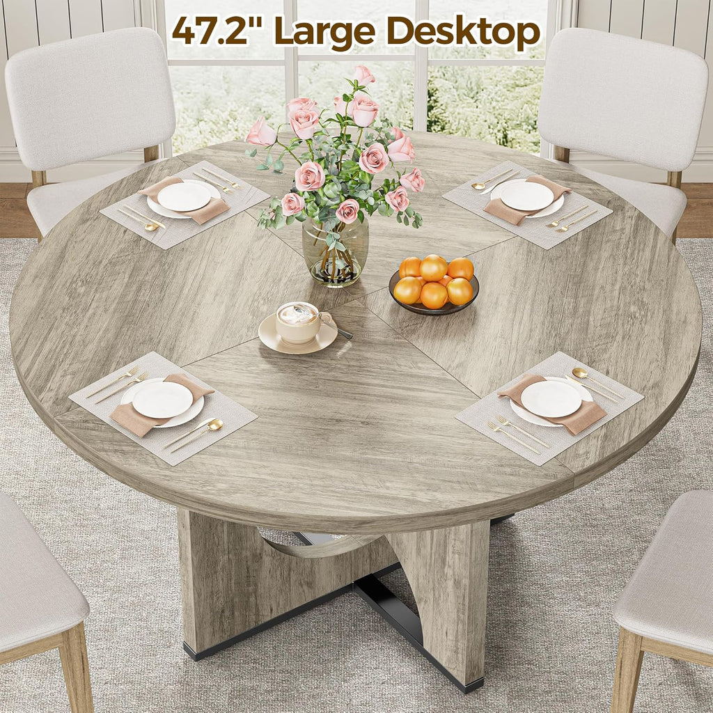IRONCK 47.2" Round Dining Table for 4-6 People, Wooden Dining Room Table with H-Shape Pedestal Base, Farmhouse Dinner Table, Circle Kitchen Tables for Dining Room, Kitchen, Apartment, Light Gray