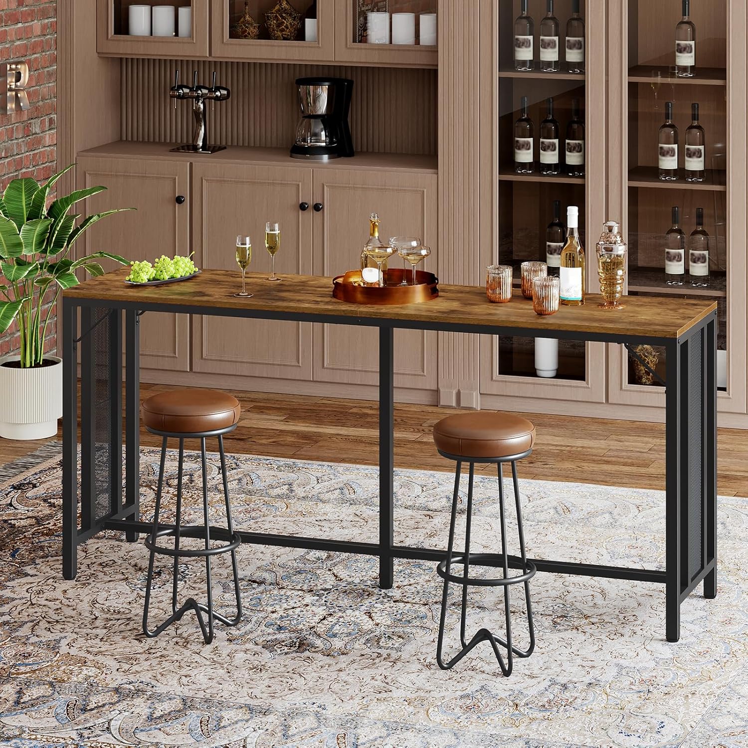 YATINEY 70.9" Bar Table, Long Counter Bar Height Table, Rectangular Bar Pub Table with Metal Frame, for Dining Room, Living Room, Kitchen, Balcony, Rustic Brown and Black BT13BR