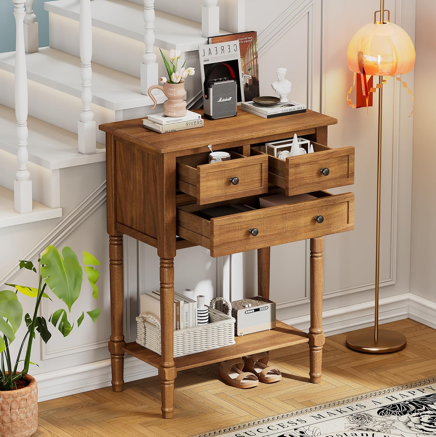 LKTART Small Solid Wood Sofa Table,Console Table with Drawers and Bottom Shelf, Entryway Hallway Foyer Entry Table for Living Room(23.7" Natural)