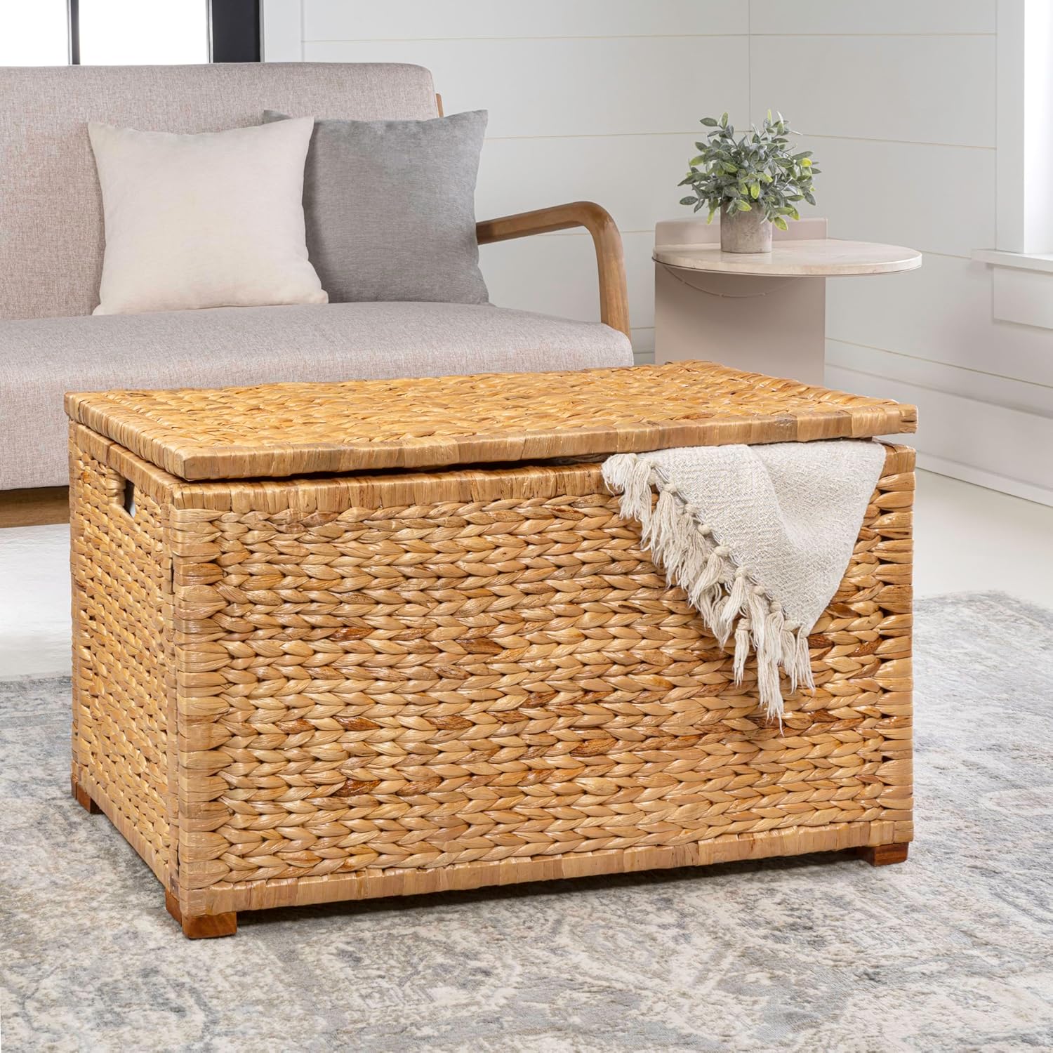 happimess HPM9005A Anada Wicker Weave 30" Storage Trunk, Wooden Frame/Water Hyacinth, Farmhouse, Transitional, Coastal, Rustic for Office, Dorm Room, Living-Room, Bedroom, Dining-Room, Natural