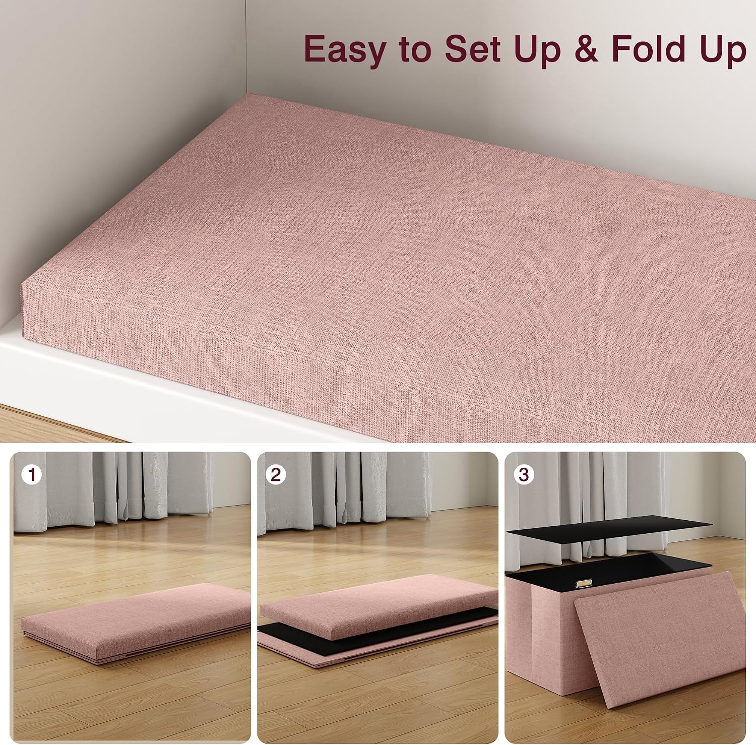 VECELO 30'' Folding Storage Ottoman Bench, End of Bed Linen Fabric Foot Rest Stool with Padded Seat, Large Footstools for Bedroom, Living Room, Load 550 lb, Pink