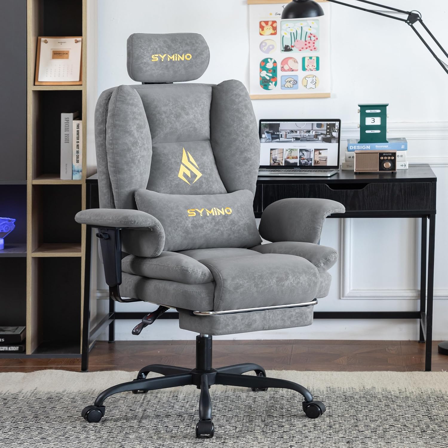 Symino Gaming Chair with Footrest, Up/Down Armrests, Suede Fabric Ergonomic Office Chair, 150° Recline Computer Chair for Desk, Grey