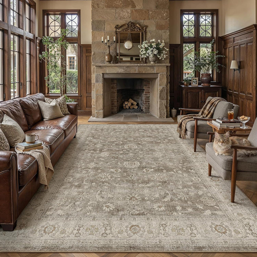 PureCozy 8x10 Washable Living Room Area Rug Brown Gray Vintage Low Pile Carpet Non Slip Soft Distressed Indoor Floral Accent Retro Large Rug for Bedroom Dining Room Office