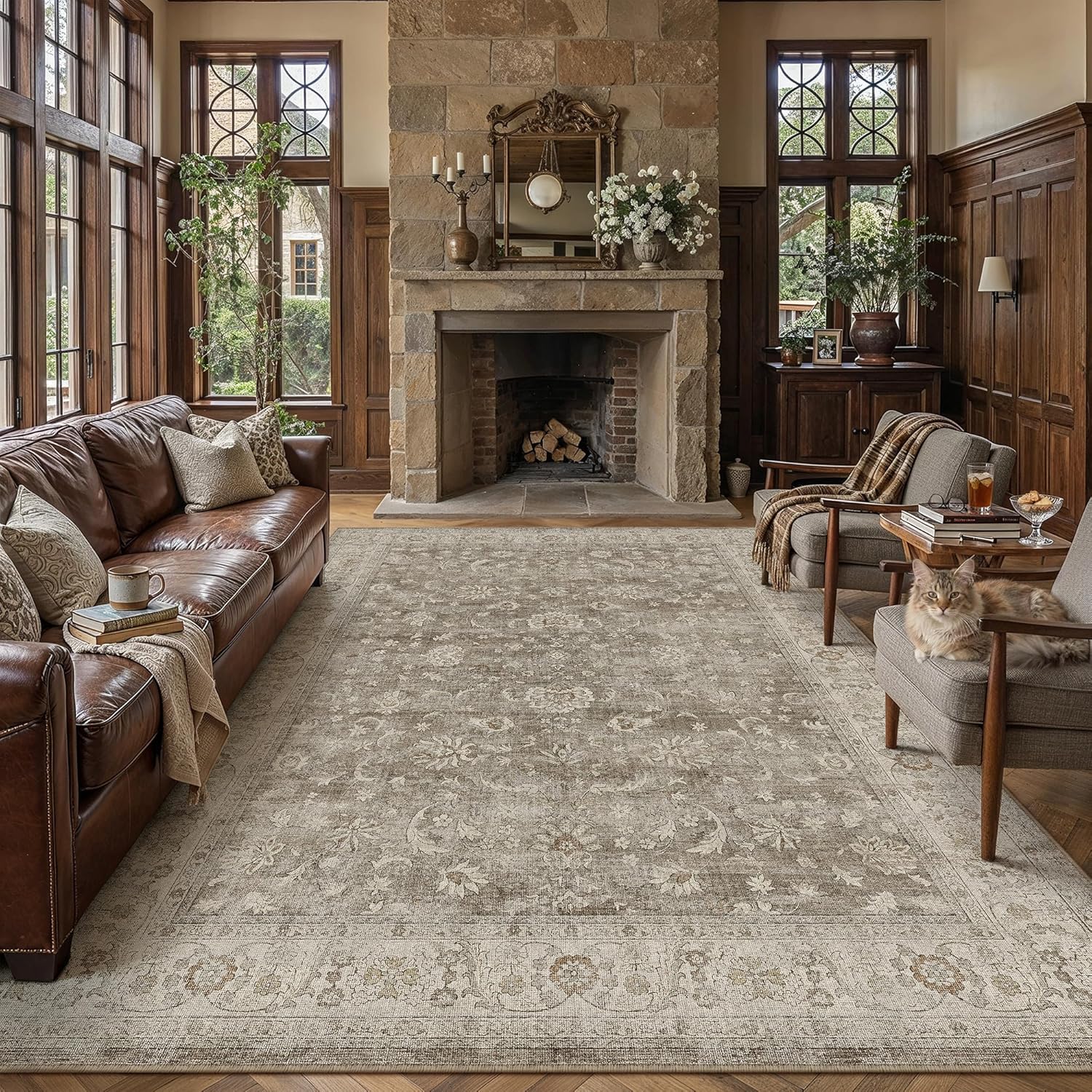 PureCozy 8x10 Washable Living Room Area Rug Brown Gray Vintage Low Pile Carpet Non Slip Soft Distressed Indoor Floral Accent Retro Large Rug for Bedroom Dining Room Office