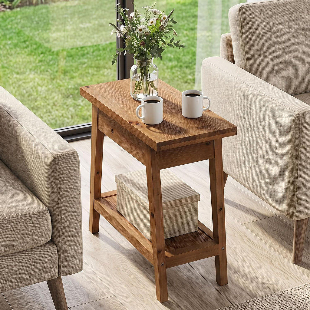 End Table for Living Room, 2-Tier Solid Wood Side Table with Storage, Farmhouse Rectangle Nightstand for Bedroom, Living Room, Small Spaces (Natural Brown) (1)