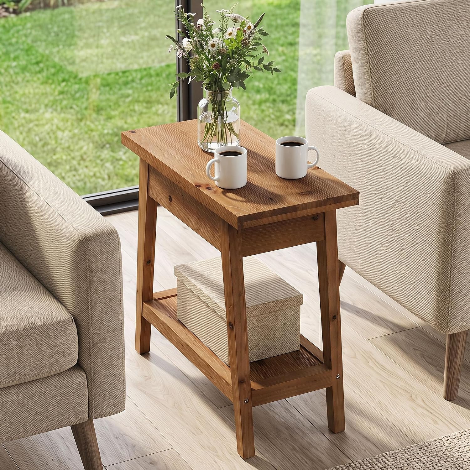 End Table for Living Room, 2-Tier Solid Wood Side Table with Storage, Farmhouse Rectangle Nightstand for Bedroom, Living Room, Small Spaces (Natural Brown) (1)