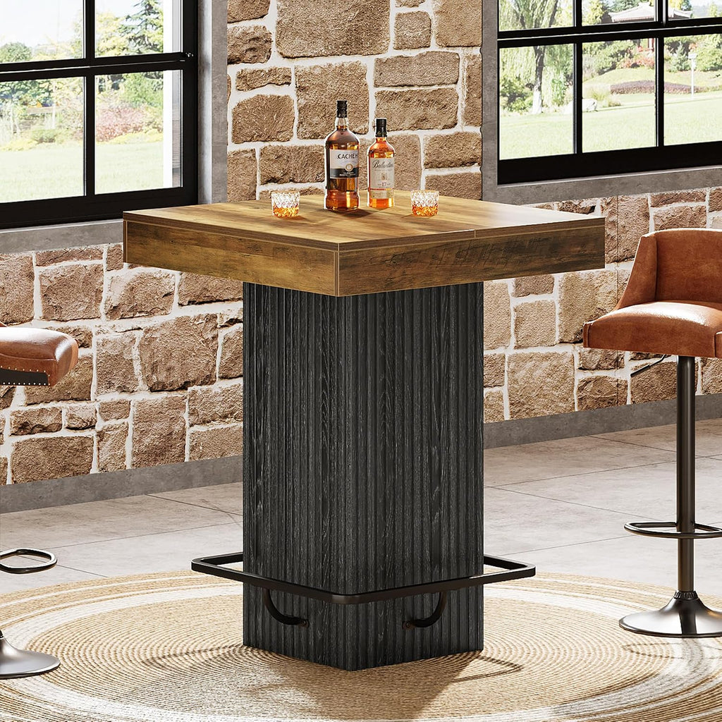 Tribesigns Square Bar Table, Kitchen Dining Table, Industrial Counter Height Pub Cocktail Table Home Bar Unit with Metal Footrest for Dining Room, Tavern, Coffee Corner, Bistro, Rustic Brown