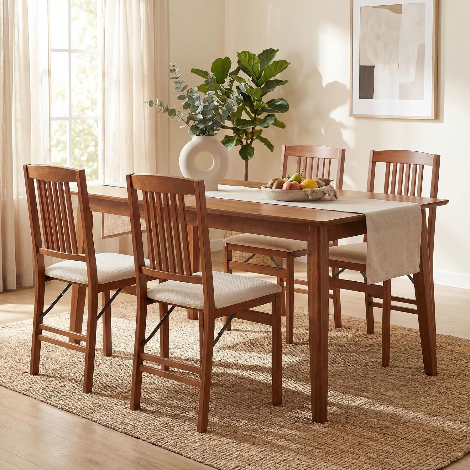 COSTWAY Solid Wood Folding Dining Chairs Set of 2 with Padded Seat, Walnut | 400 LBS Load Bearing, No Assembly Needed, Fabric Seat and Slatted Back, Vintage Foldable Chairs for Kitchen & Apartment