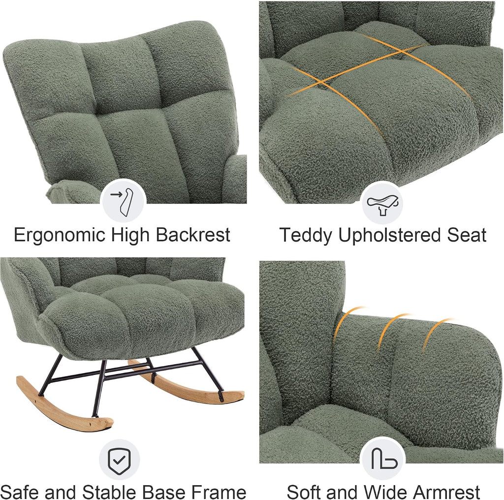 Rocking Chair Nursery Teddy Upholstered Glider Rocker Rocking Accent Chair Padded Seat with High Backrest Comfy Armchair Side Chair for Living Room Bedroom (Sagegreen Teddy)