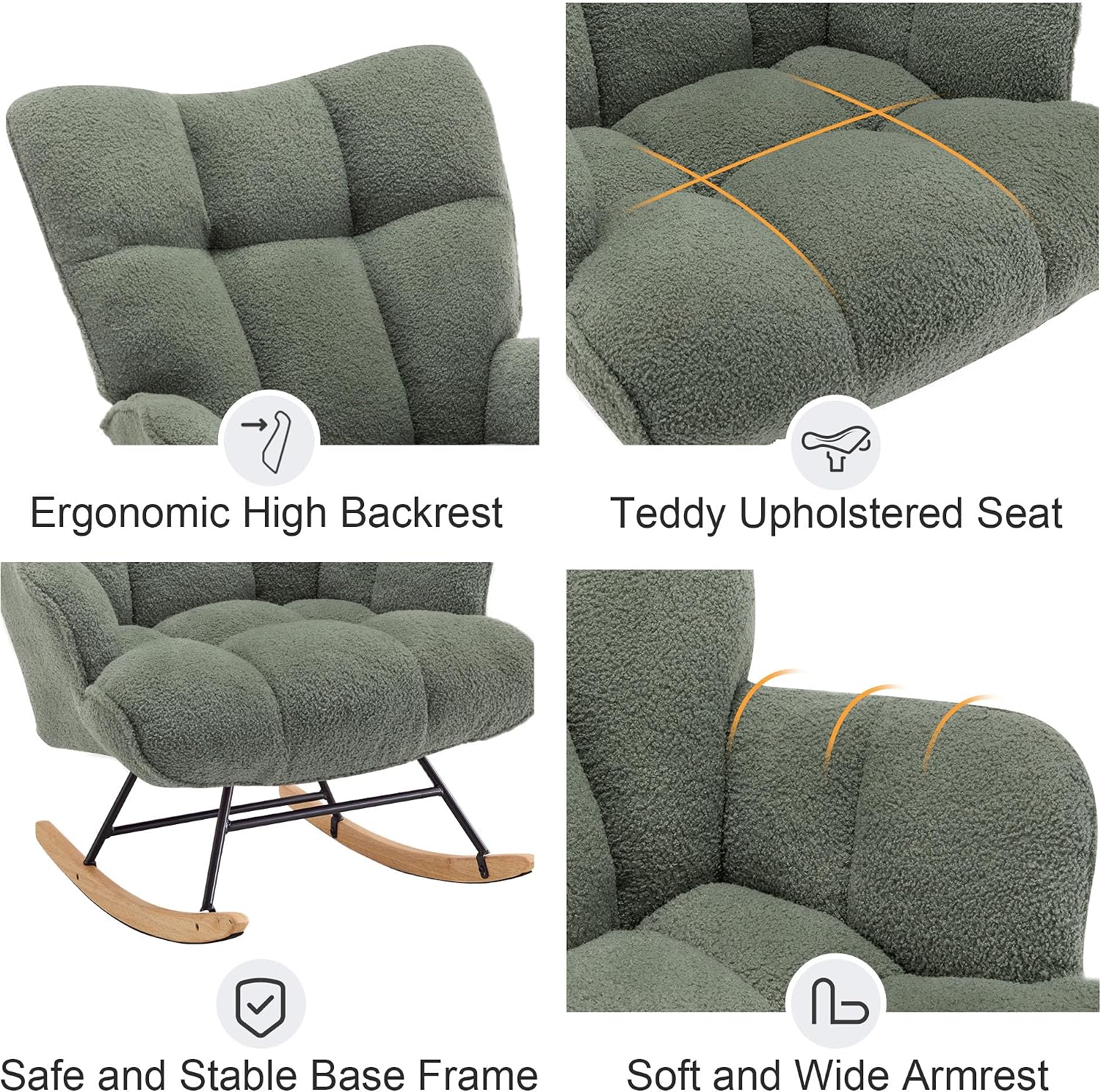 Rocking Chair Nursery Teddy Upholstered Glider Rocker Rocking Accent Chair Padded Seat with High Backrest Comfy Armchair Side Chair for Living Room Bedroom (Sagegreen Teddy)