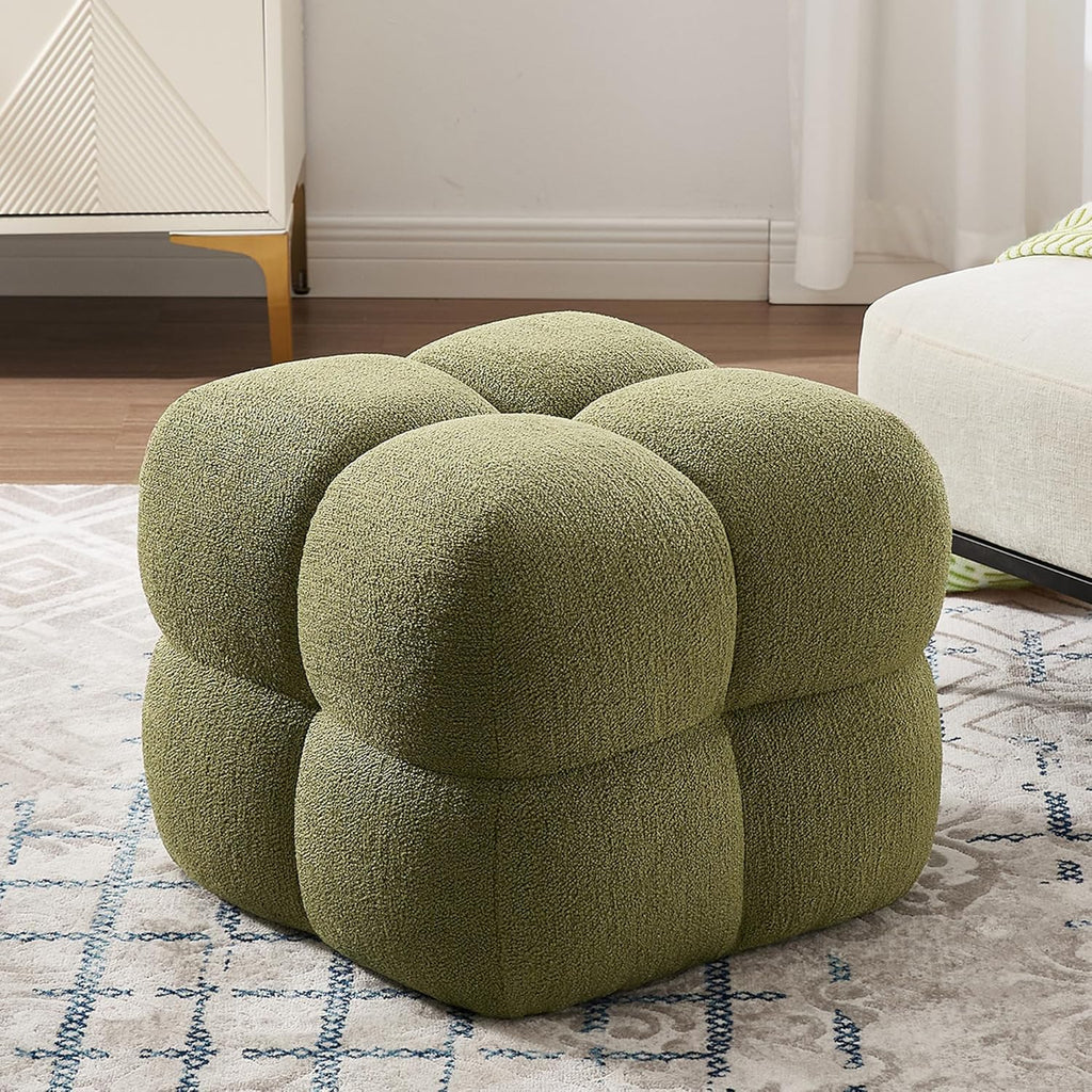ONEVOG Olive Green‌ Modern Ottoman, 21" Square Fuzzy Couch Sherpa Pouf Ottoman, Tufted Cute Boucle Fabric Foot Stools, Upholsered Footrest & Coffee Table & Vanity Chair for Living Room Bedroom, Dorm