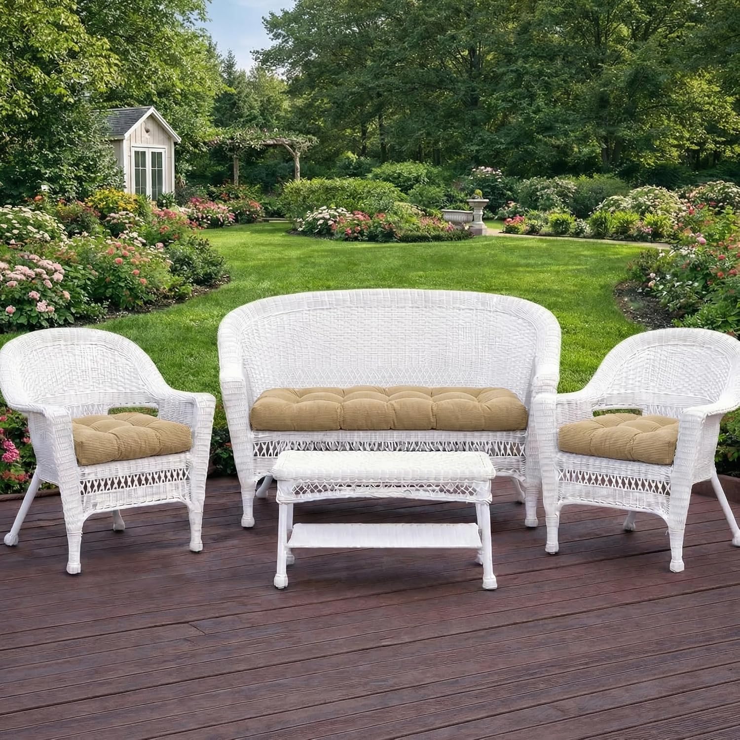 RSH DECOR: 3-Piece Wicker Tufted Cushion Set | 44” x 22" & 22" x 22" | All-Weather Spun Fabric | Outdoor Loveseat & U-Shape Cushions for Patio Furniture | Made in USA (Luca Rib Pecan)