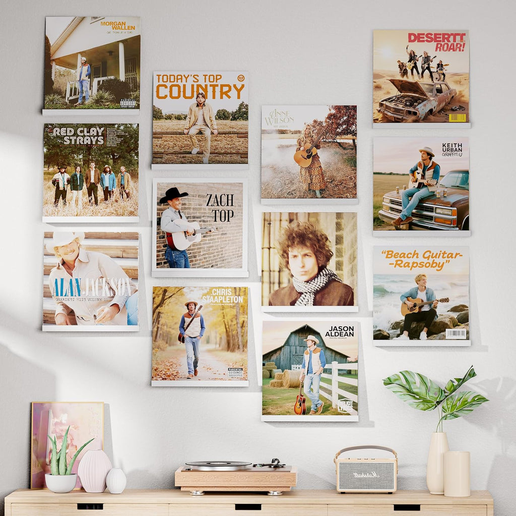 Emfogo Vinyl Record Shelf Wall Mount, 12 Pack Album Record Holder Wall, White12 inch Vinyl Record Storage Shelves Wall, Wood Record Display (Weathered White)