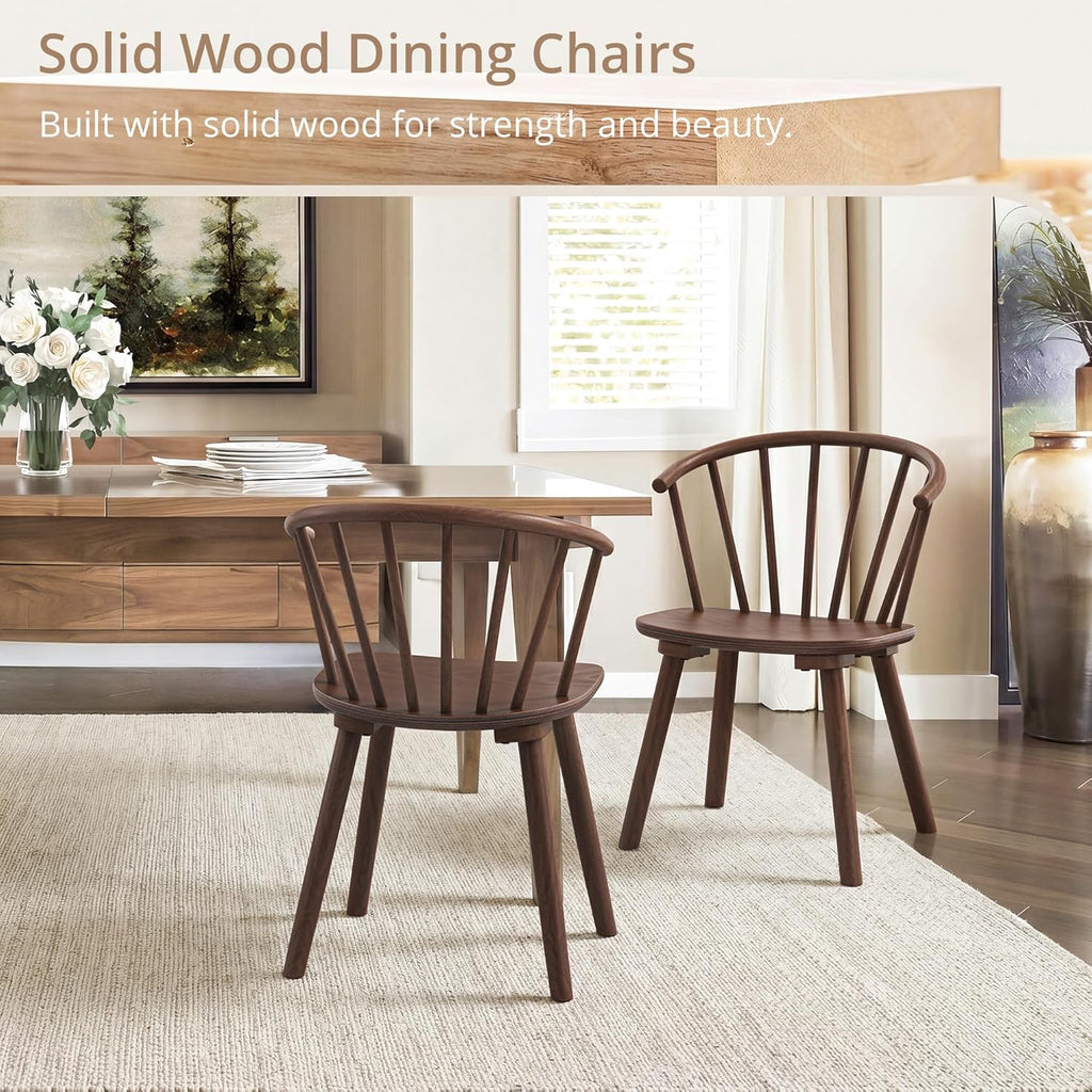 LUE BONA Walnut Dining Chairs Set of 2, Farmhouse Wood Dining Chairs with Semicircular Backrest, Spindle Dining Chair for Kitchen and Dining Room, 18 Inch