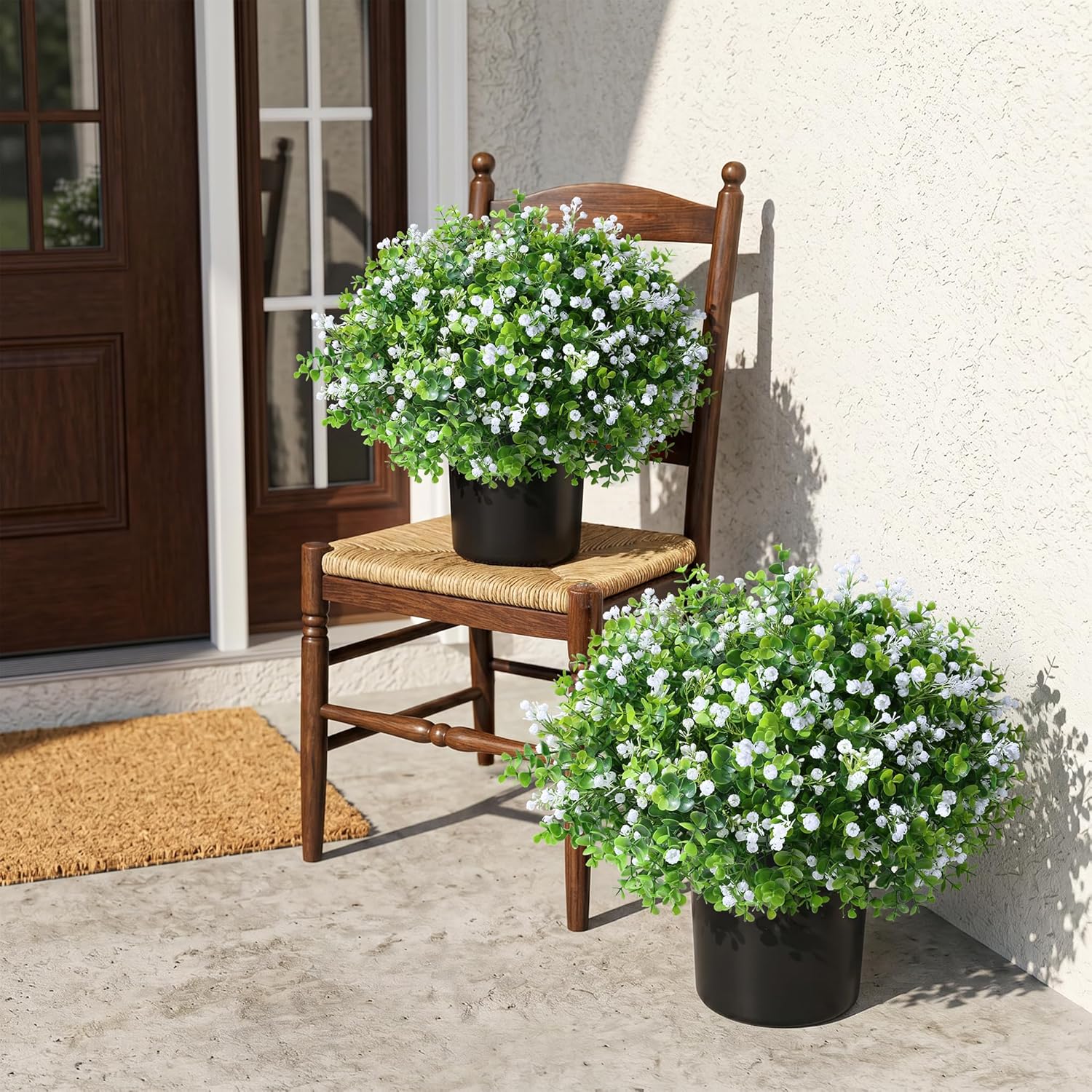 Fake Plants Artificial Flowers for Outdoors Decor, 2 Pack Fake Potted Plants Baby Breath With Green Eucalyptus Look Real UV Resistant Artificial Greenery with Pot for Outside Porch Garden Patio Yard