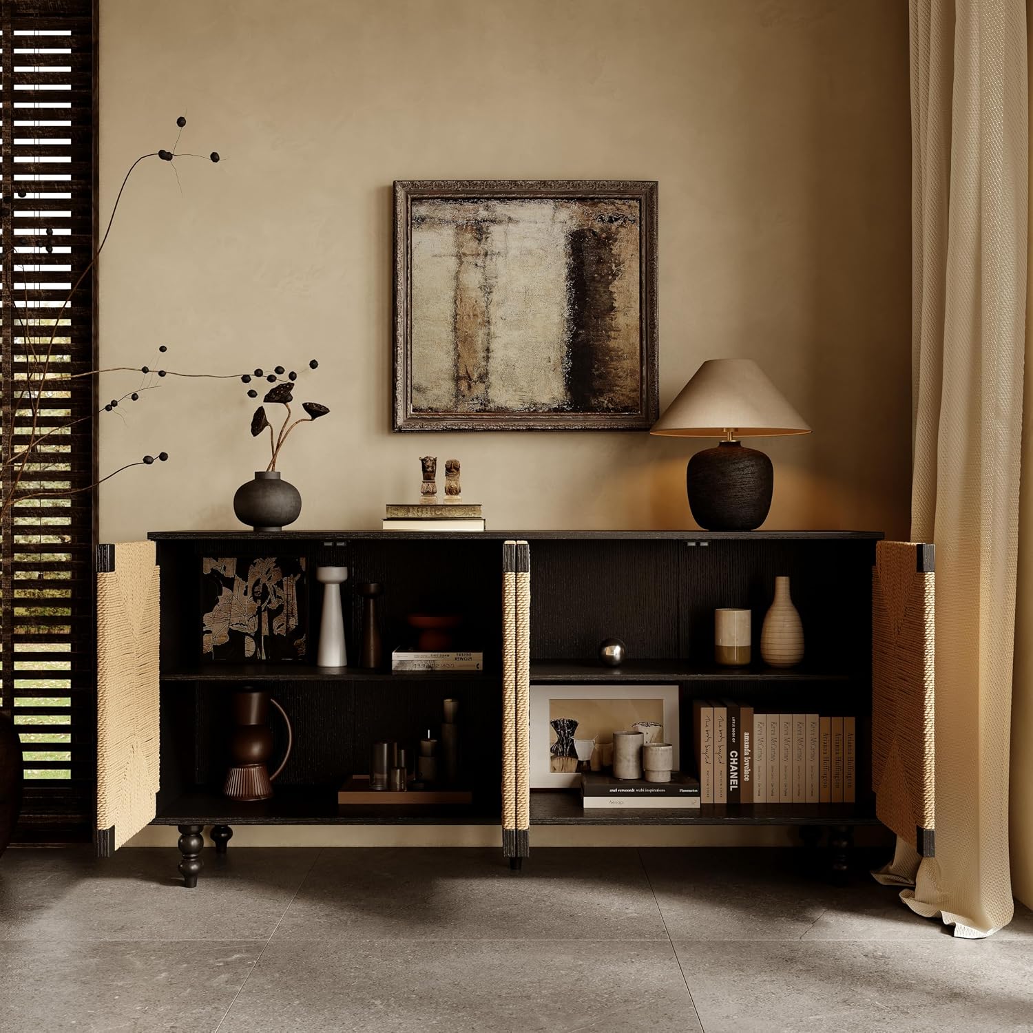 Handwoven Seagrass Doors Sideboard, 59 Inch Boho TV Stand Media Console Buffet Cabinet with Solid Wood Legs, Black and Natural Finish for Dining Room, Living Room, Entryway Storage