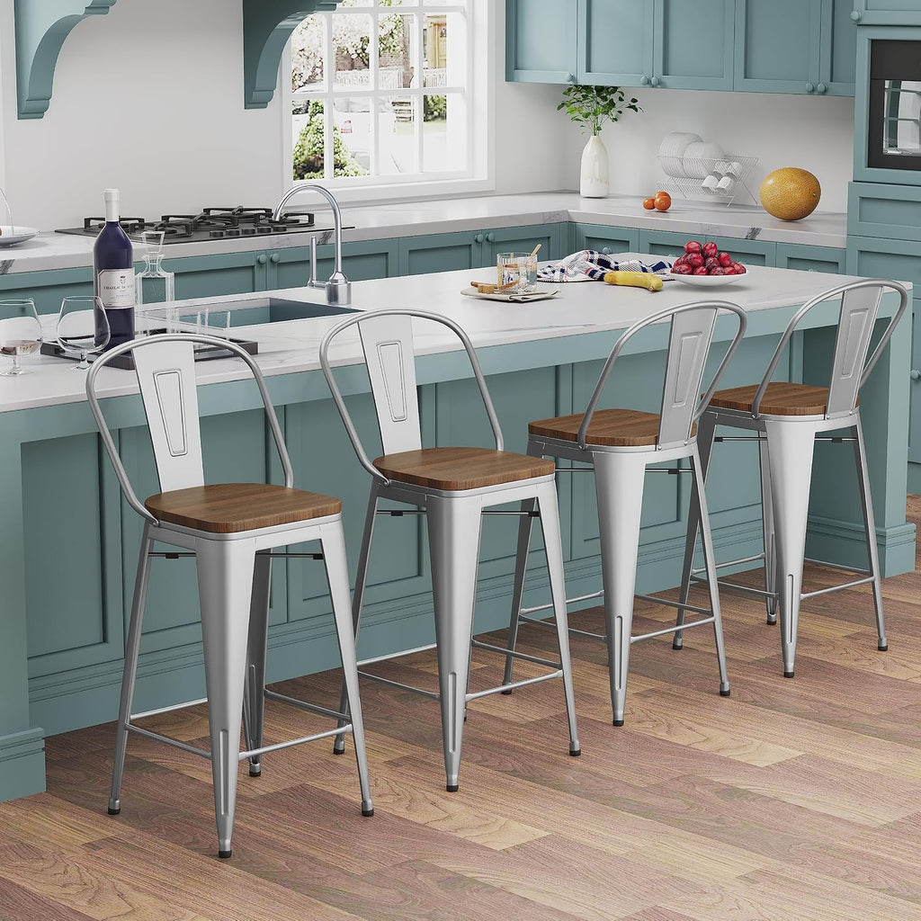 Andeworld Metal Bar Stools Counter Height Stools Dining Chairs High Back Industrial Barstools Set of 4 (30inch,Silver)