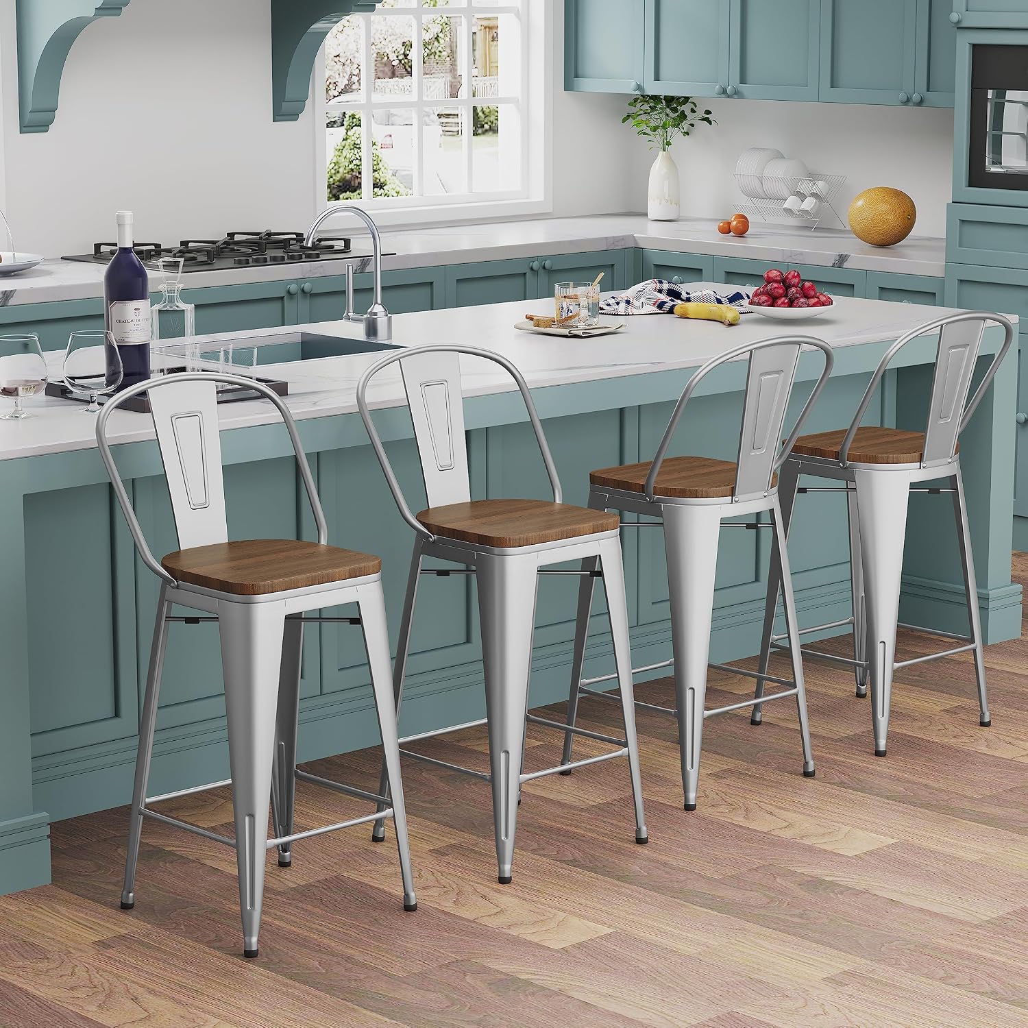 Andeworld Metal Bar Stools Counter Height Stools Dining Chairs High Back Industrial Barstools Set of 4 (30inch,Silver)