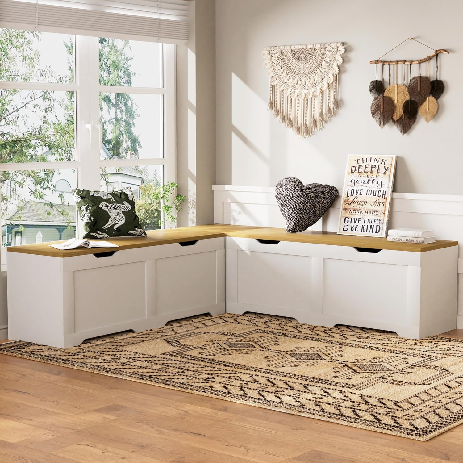 3-Piece L-Shaped Multi-Functional Storage Bench with Cushion, Serving as a Kitchen Corner Bench, Toy Storage Box, or Reading Nook seat., White and Natural, 63" D x 63" W x 19.1" H