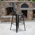 EMMA + OLIVER Commercial Grade 30" H Distressed Black Metal Indoor-Outdoor Barstool w/Back