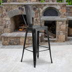 EMMA + OLIVER Commercial Grade 30" H Distressed Black Metal Indoor-Outdoor Barstool w/Back