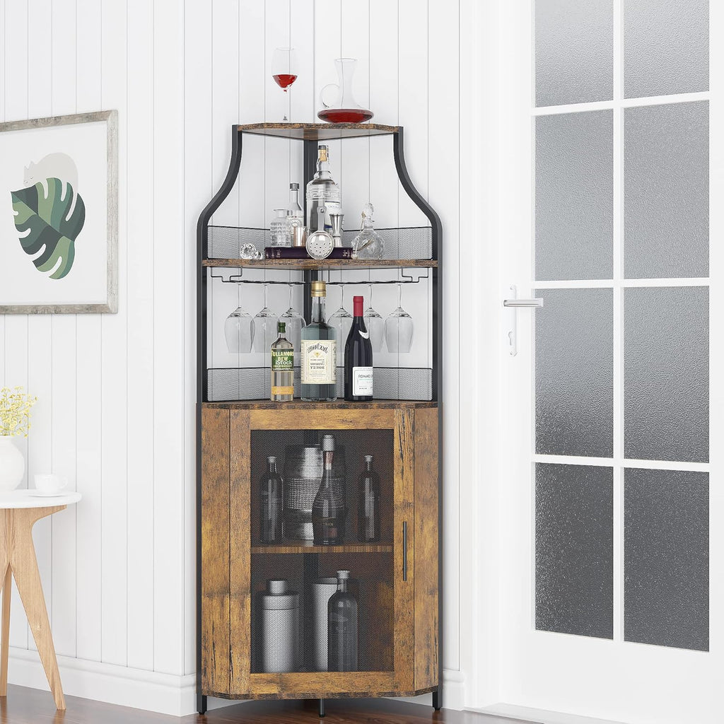 GAOMON Wine Corner Cabinet with Removable Wine Rack, Wine Cabinet and Wine Glass Bar Cabinet with Glass Rack and Mesh Door, Wine Cabinet with Reasonable Functional Partitioning (Retro Brown)