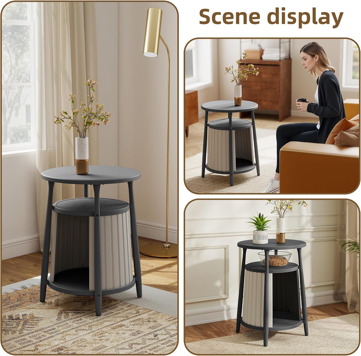 ROJIK End Table with Storage, Round Side Table for Indoor Outdoor Use, All-Weather Resin Accent Table for Small Spaces, Bathroom, Living Room, Bedside Table (Black)