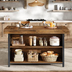 Tribesigns Large Kitchen Island with Storage, 55-Inch Wooden Stationary Island Table with Metal Frame, 3-Tier Industrial Center Bar Table with Thickened Countertop for Kitchen, Dining Room, Brown