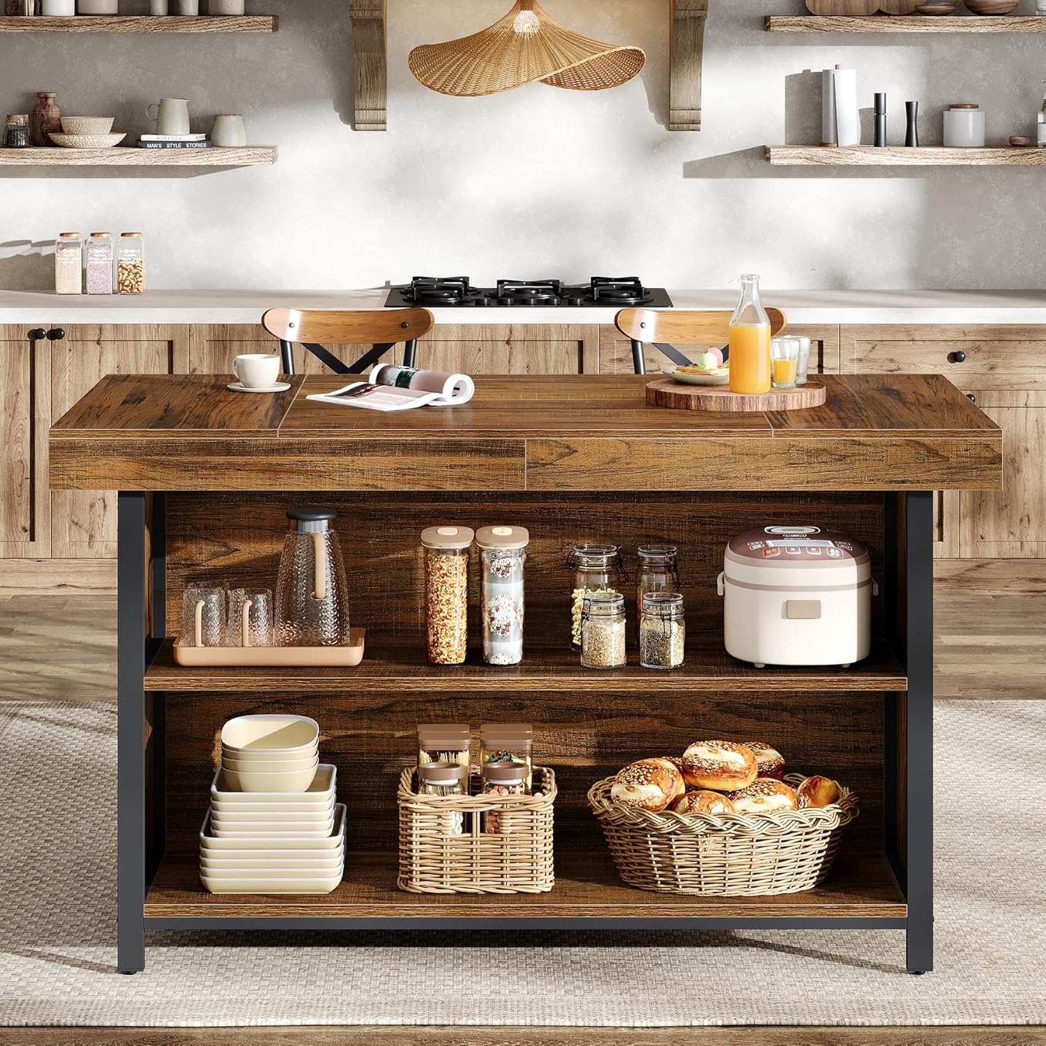 Tribesigns Large Kitchen Island with Storage, 55-Inch Wooden Stationary Island Table with Metal Frame, 3-Tier Industrial Center Bar Table with Thickened Countertop for Kitchen, Dining Room, Brown