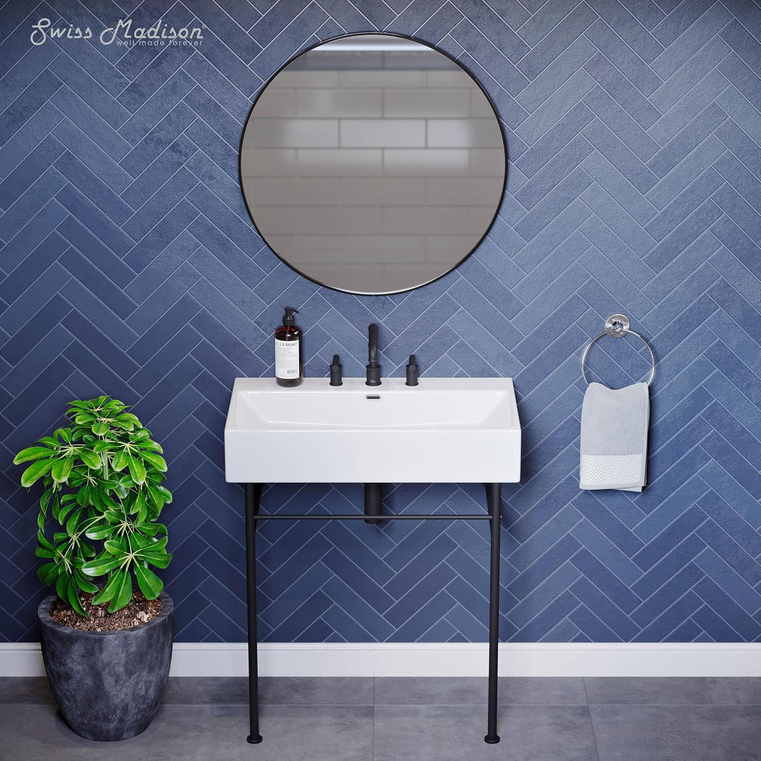 Claire 30" Console Sink White Basin Black Legs with 8" Widespread Holes