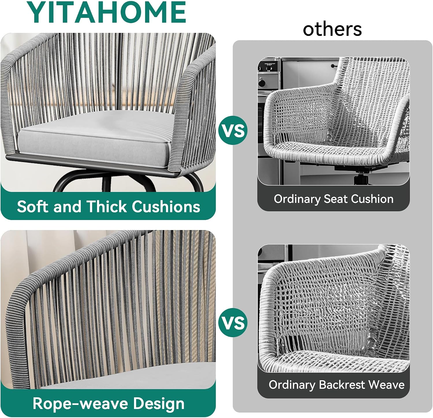 YITAHOME 27" Bar Stools Set of 6 with Arms & Cushions, 360° Swivel Outdoor Bar Stools, All Weather Counter Height Bar Stools Set of 6 with Curved Back for Backyard, Kitchen Island, Dining Room, Gray