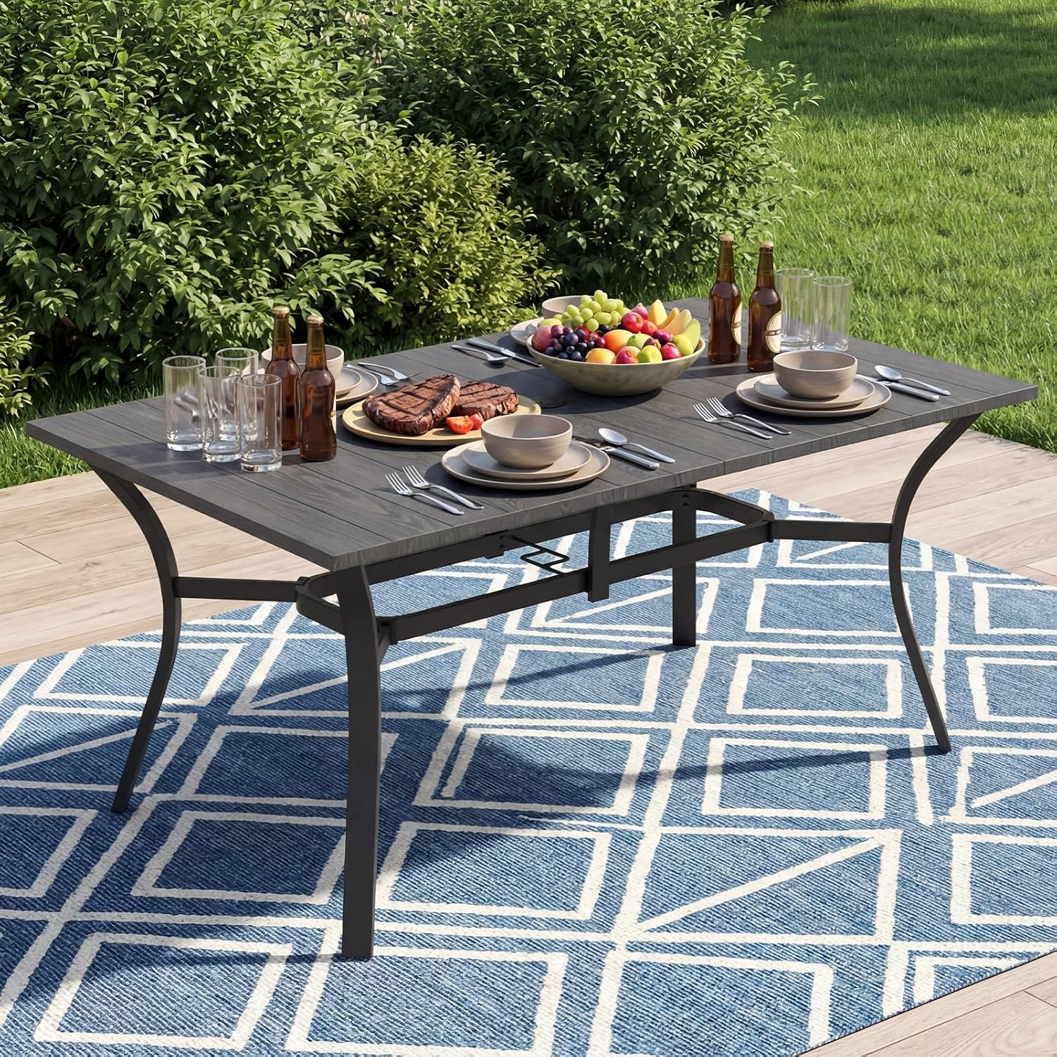 63”x37.8” Metal Outdoor Dining Table for 6,Rectangular Patio Dining Table with Adjustable Umbrella Hole,All-Weather Black Outdoor Patio Table for Porch, Garden