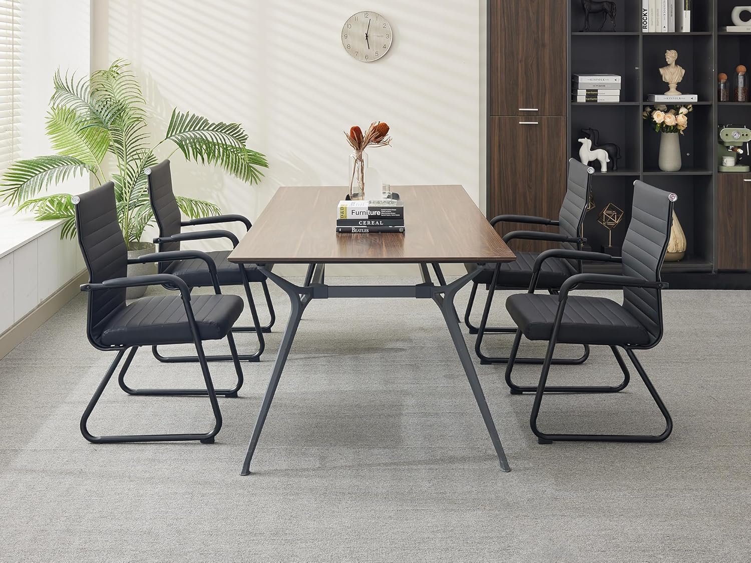 Okeysen Office Guest Chairs Set of 4, Modern Leather Reception Chairs with Mid Back & Sled Base, No-Wheel Desk Chairs for Waiting Room & Conference Room