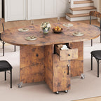 Jocoevol Round Folding Dining Table for 4, Space Saving Drop Leaf Kitchen Table with Storage Drawer, 6 Wheels Oval Gateleg Foldable Dining Table for Small Spaces(Vintage 47 * 23.6 * 30)