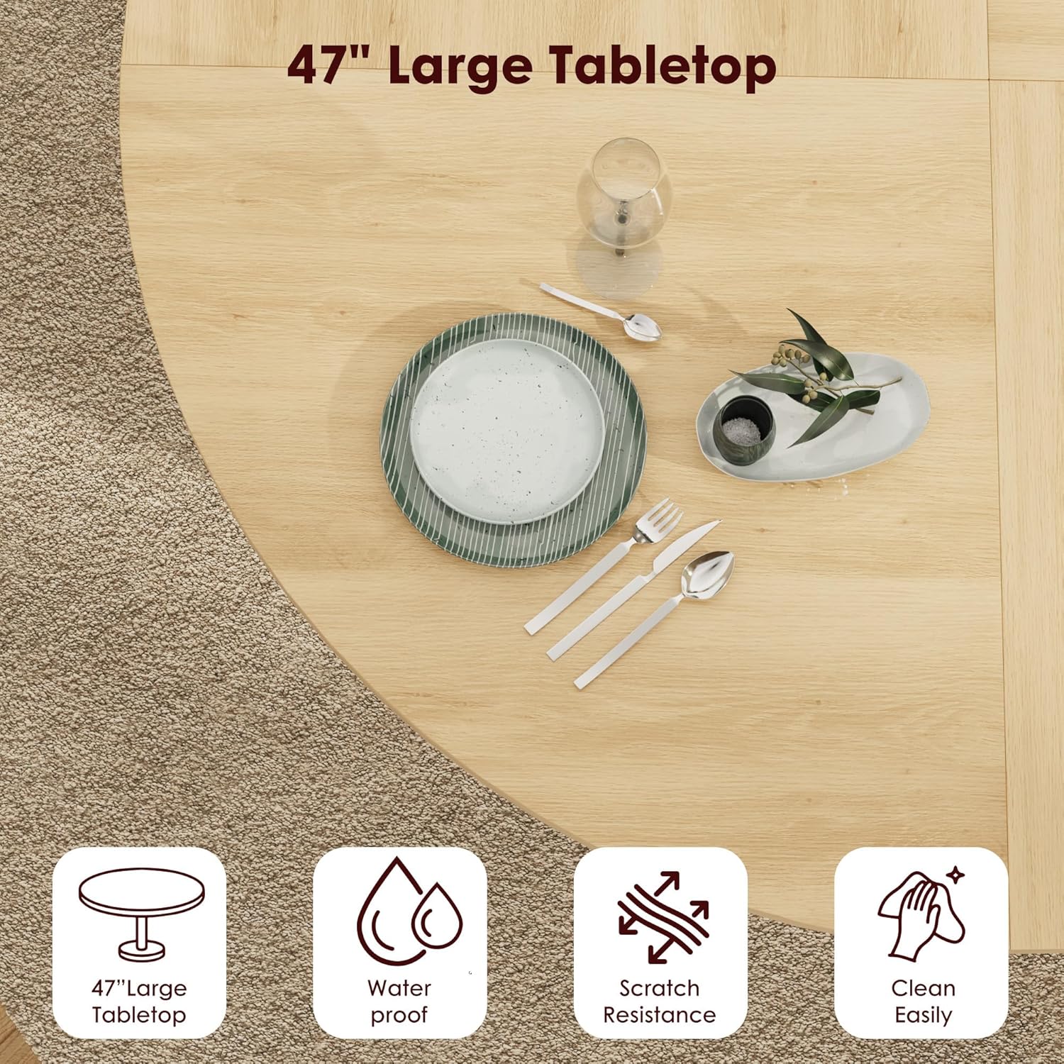 IDEALHOUSE 47 Inch Round Dining Table for 4, Natural Oak | Farmhouse Kitchen Table, 2-Layer Storage Shelf, Wood Slide Door, Space Saving