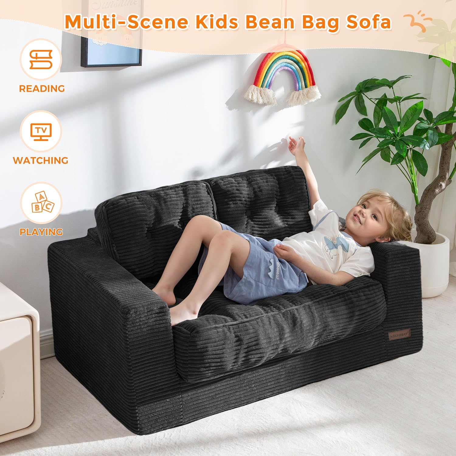 MAXYOYO Kids Bean Bag Chair, Upholstered Bean Bag Sofa Cloud 2-Seat for Boys and Girls, Boneless Couch with Tufted Cushion & Pillows, Kids Sofa in A Box, No Assembly Required, Black